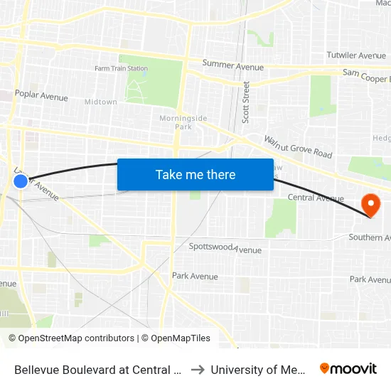 Bellevue Boulevard at Central Avenue to University of Memphis map