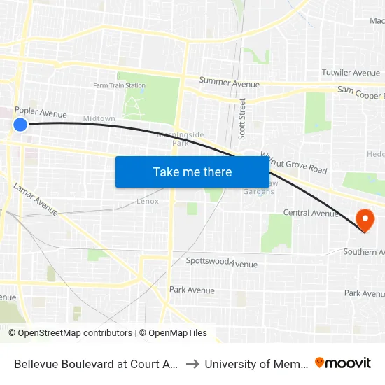 Bellevue Boulevard at Court Avenue to University of Memphis map