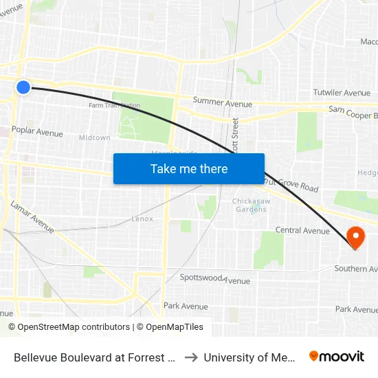 Bellevue Boulevard at Forrest Avenue to University of Memphis map