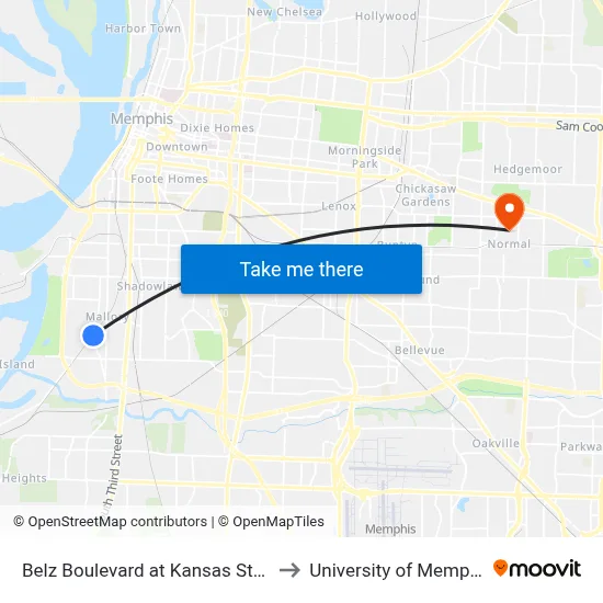 Belz Boulevard at Kansas Street to University of Memphis map