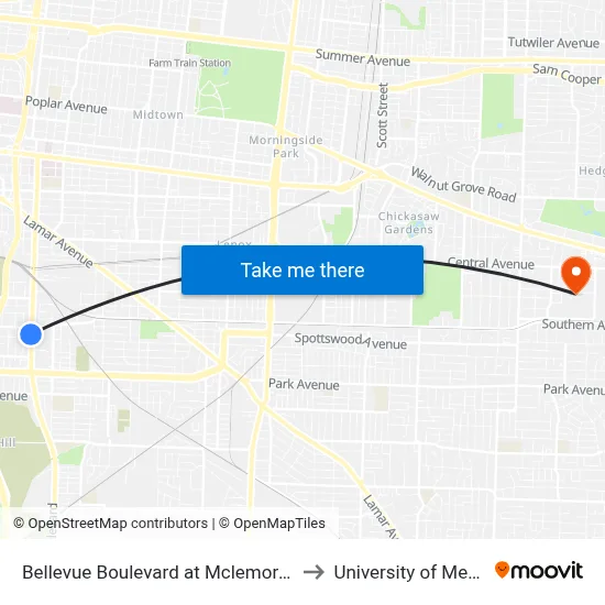 Bellevue Boulevard at Mclemore Avenue to University of Memphis map