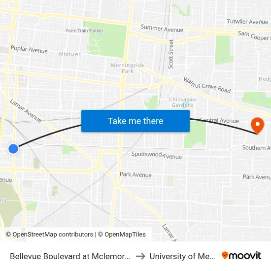 Bellevue Boulevard at Mclemore Avenue to University of Memphis map