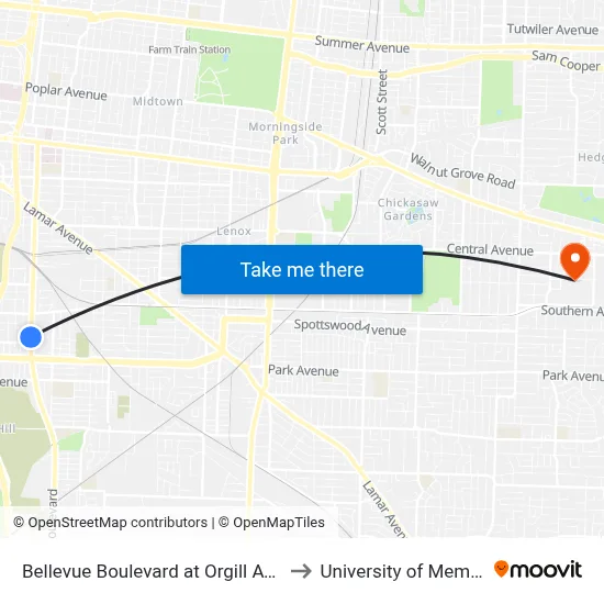 Bellevue Boulevard at Orgill Avenue to University of Memphis map