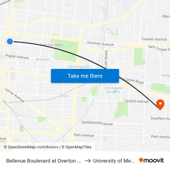 Bellevue Boulevard at Overton Park Ave to University of Memphis map