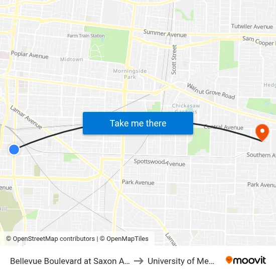 Bellevue Boulevard at Saxon Avenue to University of Memphis map