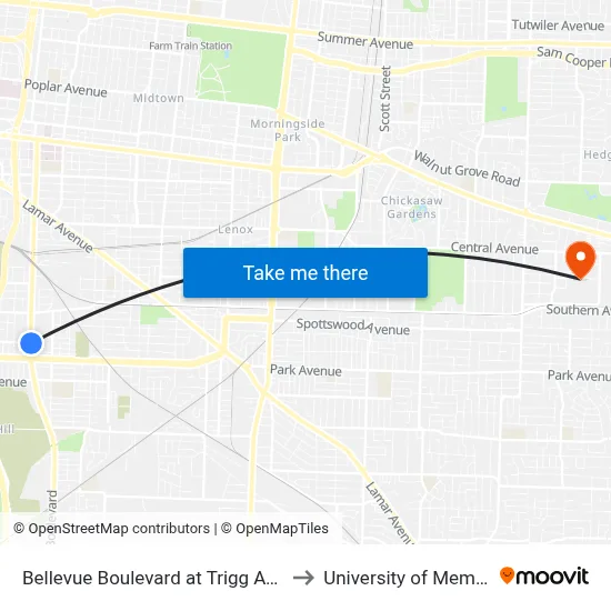 Bellevue Boulevard at Trigg Avenue to University of Memphis map