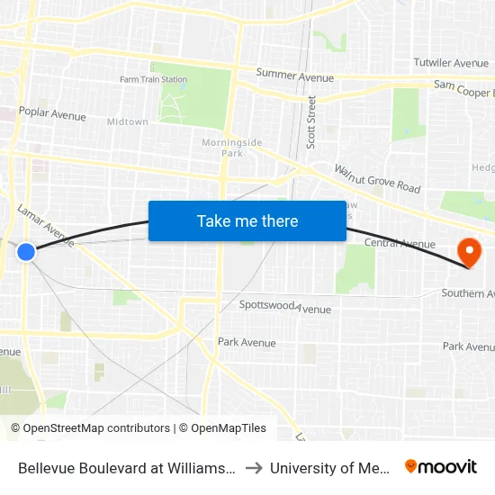 Bellevue Boulevard at Williams Avenue to University of Memphis map
