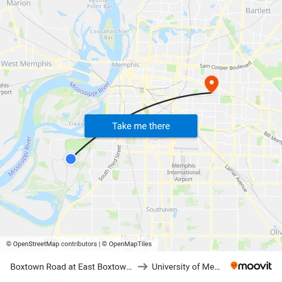 Boxtown Road at East Boxtown Road to University of Memphis map