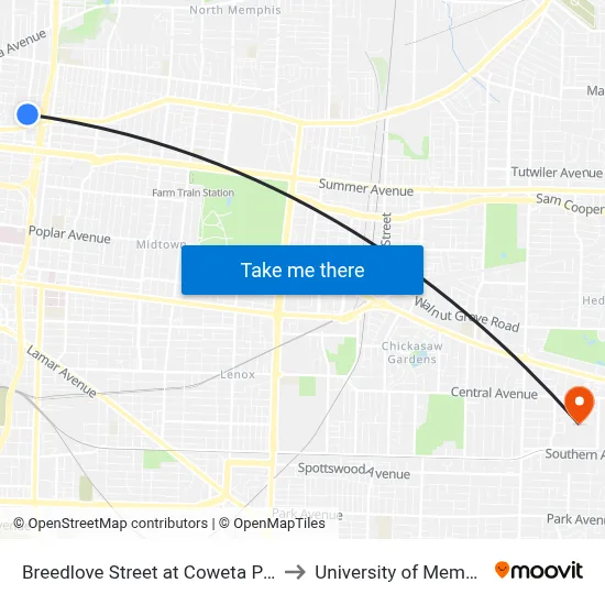 Breedlove Street at Coweta Place to University of Memphis map