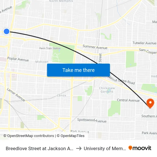 Breedlove Street at Jackson Avenue to University of Memphis map