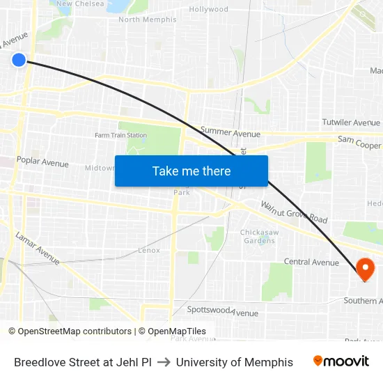 Breedlove Street at Jehl Pl to University of Memphis map