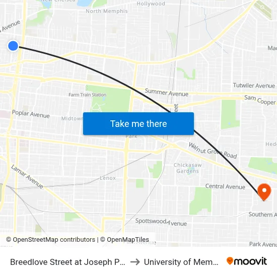 Breedlove Street at Joseph Place to University of Memphis map