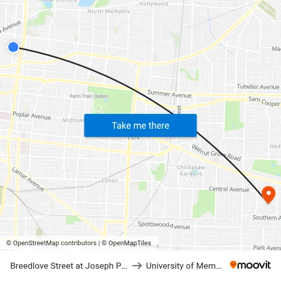 Breedlove Street at Joseph Place to University of Memphis map