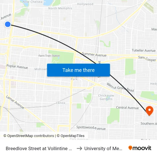 Breedlove Street at Vollintine Avenue to University of Memphis map