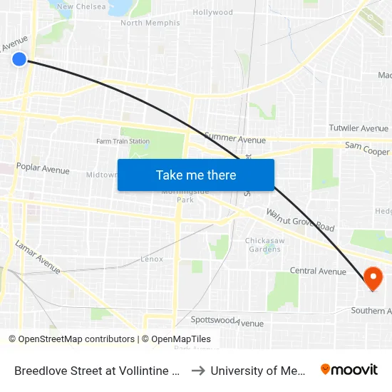 Breedlove Street at Vollintine Avenue to University of Memphis map