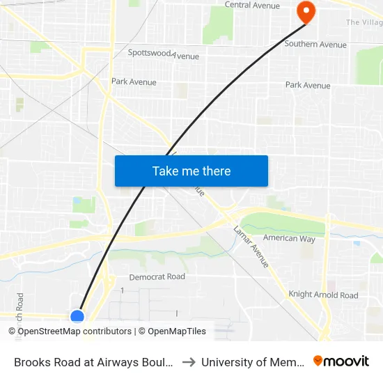 Brooks Road at Airways Boulevard to University of Memphis map