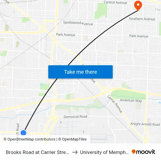 Brooks Road at Carrier Street to University of Memphis map
