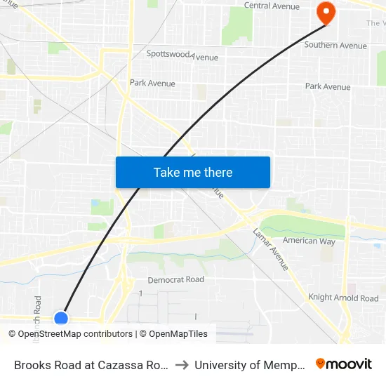 Brooks Road at Cazassa Road to University of Memphis map