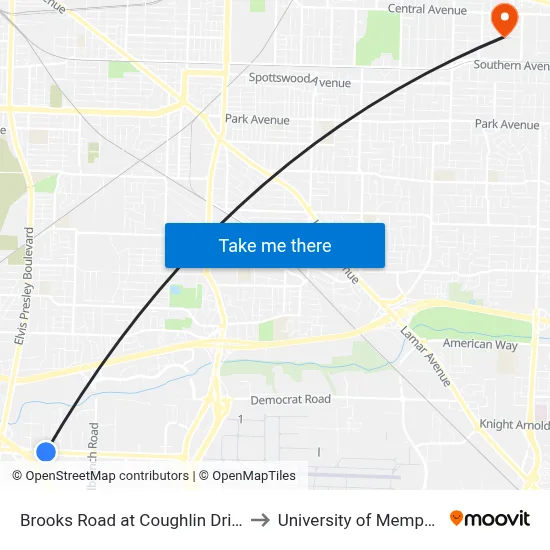 Brooks Road at Coughlin Drive to University of Memphis map