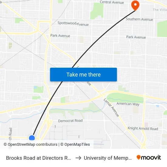 Brooks Road at Directors Row to University of Memphis map