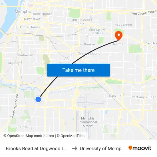 Brooks Road at Dogwood Lane to University of Memphis map