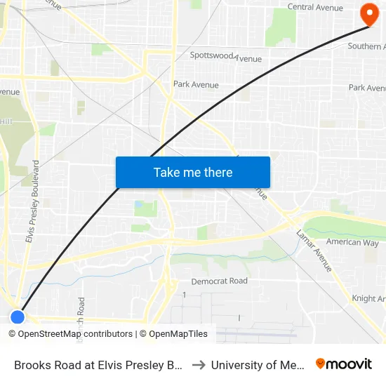 Brooks Road at Elvis Presley Boulevard to University of Memphis map
