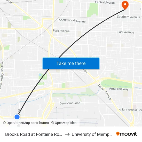 Brooks Road at Fontaine Road to University of Memphis map