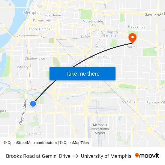 Brooks Road at Gemini Drive to University of Memphis map