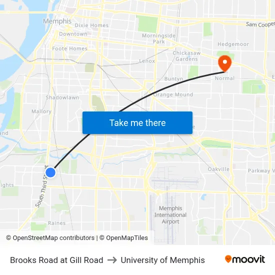 Brooks Road at Gill Road to University of Memphis map