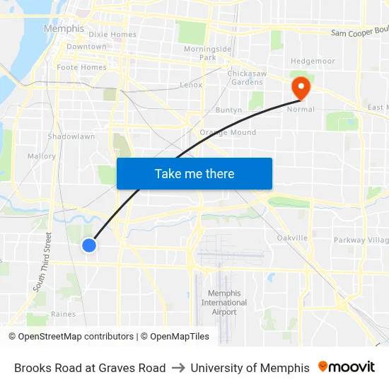 Brooks Road at Graves Road to University of Memphis map