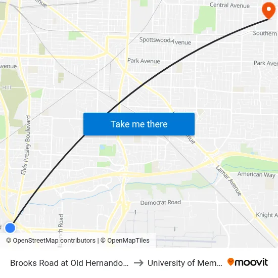 Brooks Road at Old Hernando Road to University of Memphis map