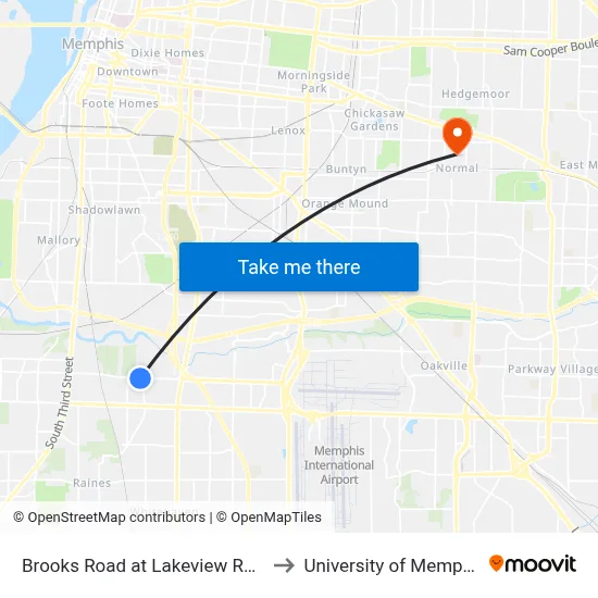 Brooks Road at Lakeview Road to University of Memphis map