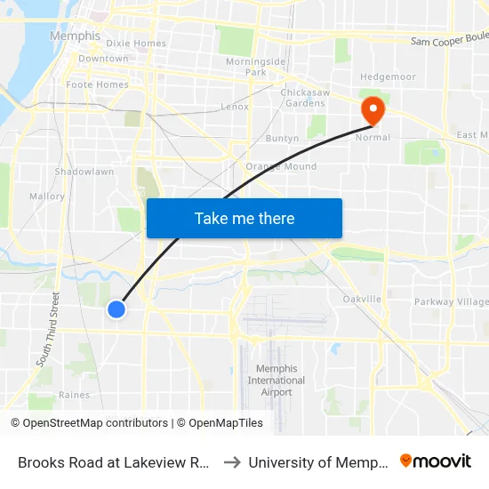 Brooks Road at Lakeview Road to University of Memphis map