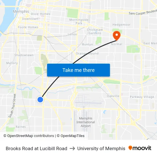 Brooks Road at Lucibill Road to University of Memphis map