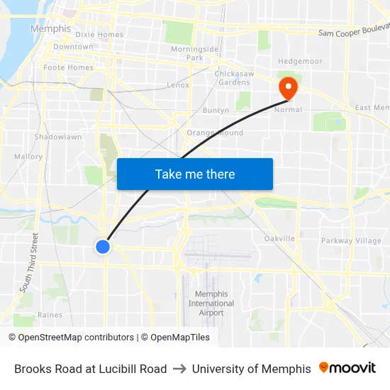 Brooks Road at Lucibill Road to University of Memphis map