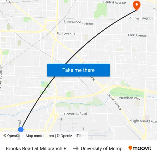 Brooks Road at Millbranch Road to University of Memphis map