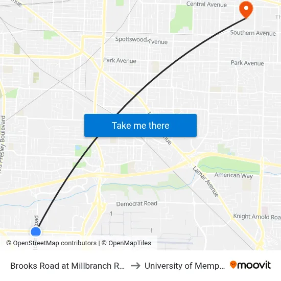 Brooks Road at Millbranch Road to University of Memphis map