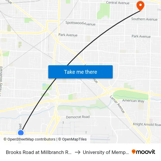 Brooks Road at Millbranch Road to University of Memphis map