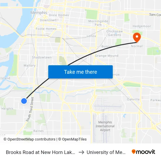 Brooks Road at New Horn Lake Road to University of Memphis map