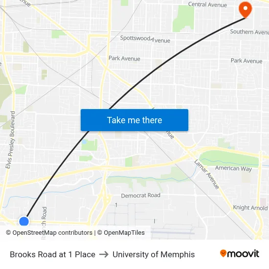 Brooks Road at 1 Place to University of Memphis map