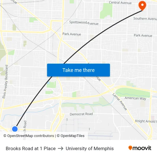 Brooks Road at 1 Place to University of Memphis map
