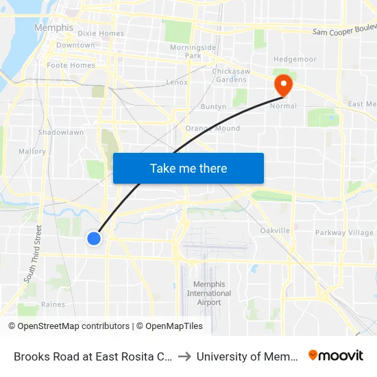 Brooks Road at East Rosita Circle to University of Memphis map