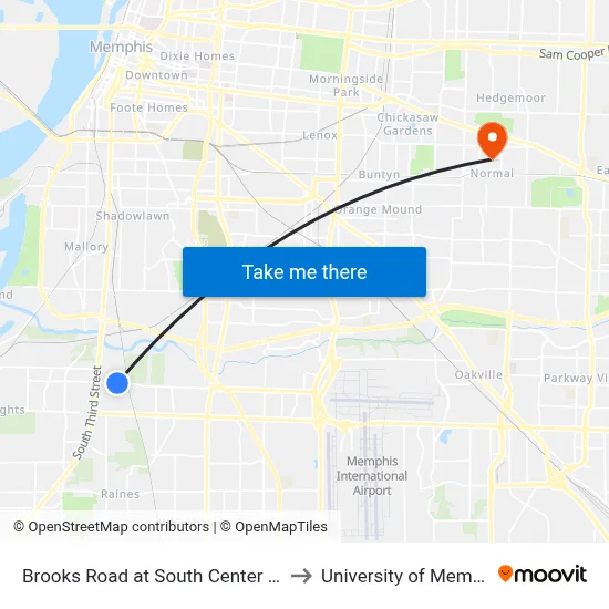 Brooks Road at South Center Road to University of Memphis map