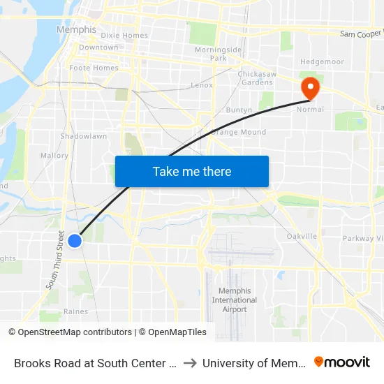 Brooks Road at South Center Road to University of Memphis map