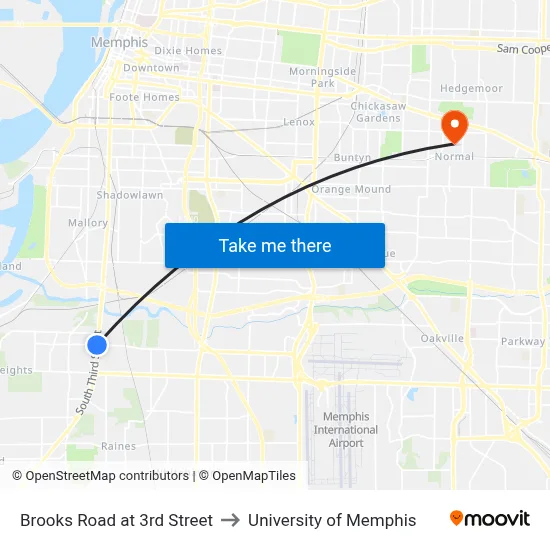 Brooks Road at 3rd Street to University of Memphis map