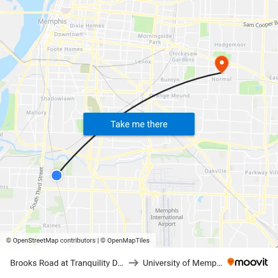 Brooks Road at Tranquility Drive to University of Memphis map