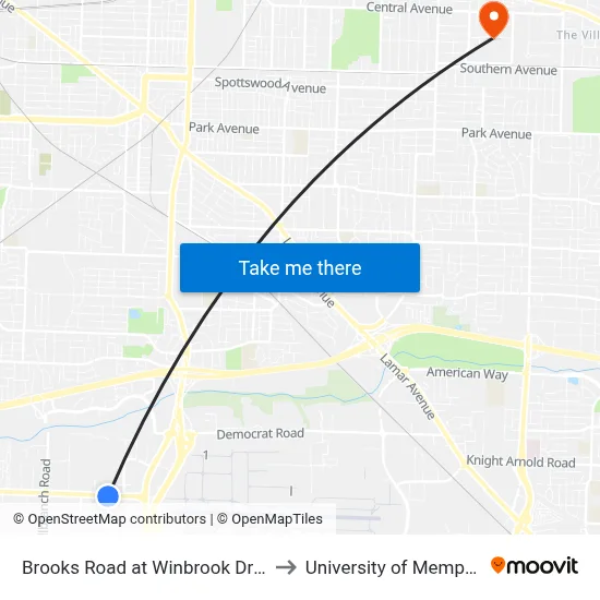 Brooks Road at Winbrook Drive to University of Memphis map