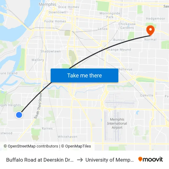 Buffalo Road at Deerskin Drive to University of Memphis map