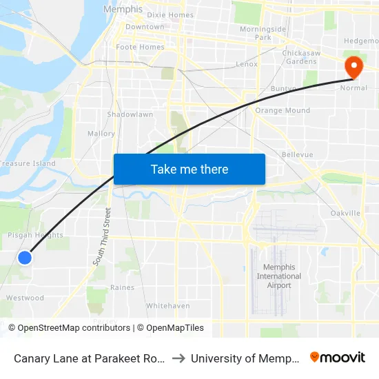 Canary Lane at Parakeet Road to University of Memphis map