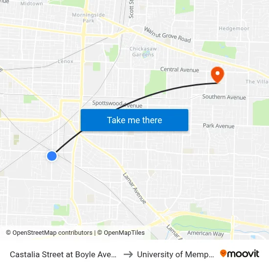 Castalia Street at Boyle Avenue to University of Memphis map